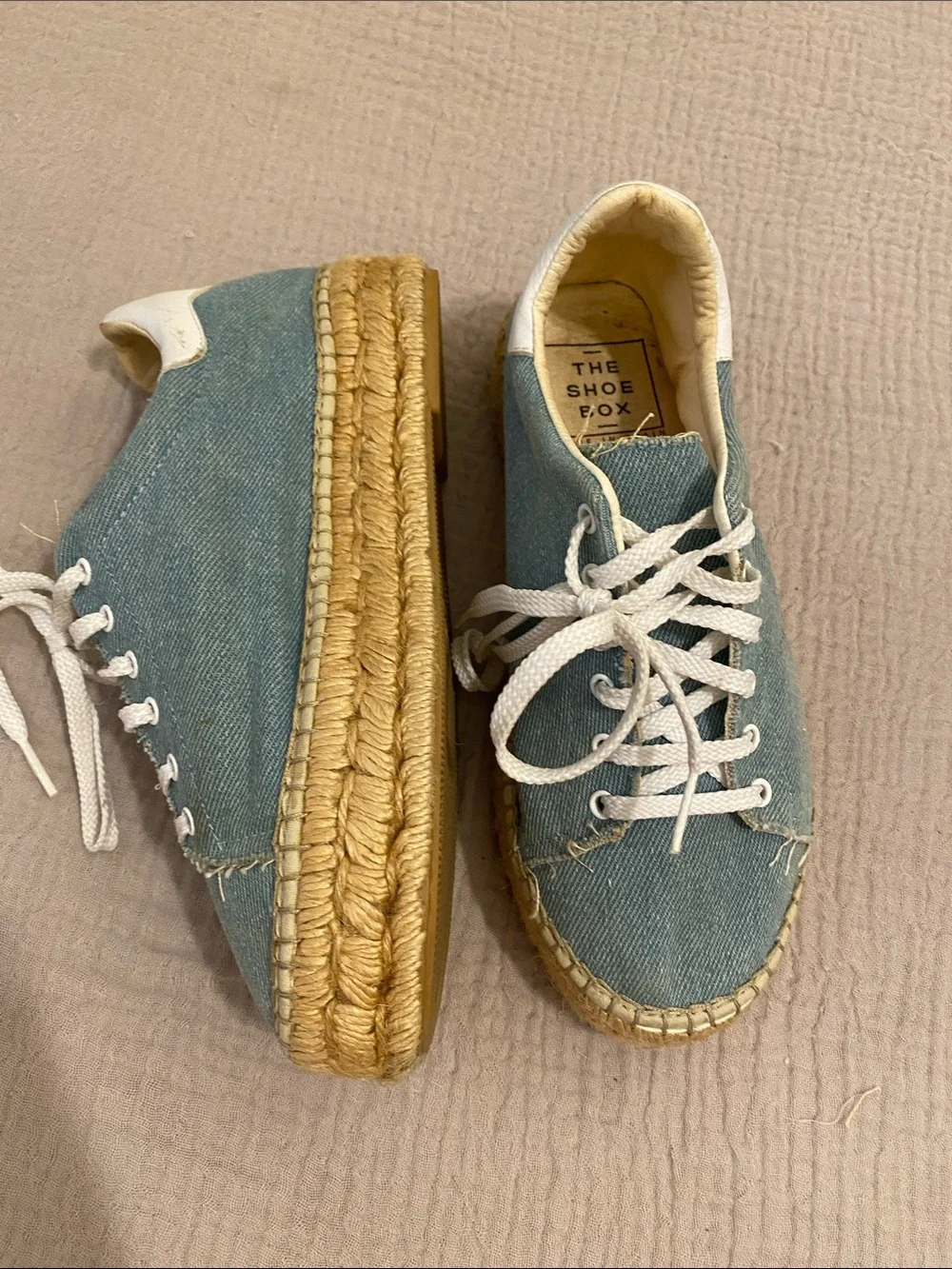 THE SHOE BOX Made in Spain Denim Espadrille Sneakers with White Laces. Size 38